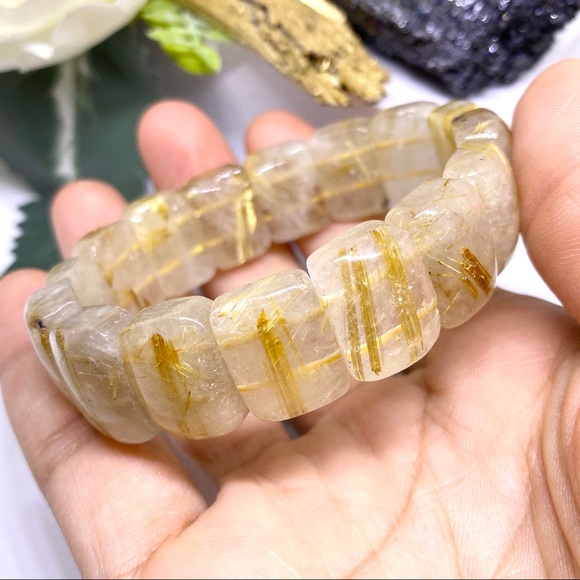 Semi Precious Golden Rutile Quartz Gemstone Crystal Bracelet - Picture 5 of 16
